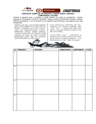 CONSTRUYE EJEMPLOS DE PREGUNTA TERCER GRADO LENGUAJE
COMPETENCIA LECTORA
Analizar el siguiente texto y completa el cuadro teniendo en cuenta la competencia – lectora,
proponga el componente y la clave o respuesta. Tenga en cuenta la información del anexo anterior.
Elabora las preguntas 5 a 8 de acuerdo con el siguiente texto:(Construye una pregunta para cada
componente)
N° PREGUNTA OPCIONES COMPETENCIA COMPONENTE CLAVE
5
6
7
8
 