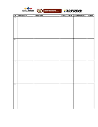 N° PREGUNTA OPCIONES COMPETENCIA COMPONENTE CLAVE
5
6
7
8
 