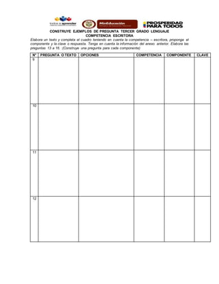 CONSTRUYE EJEMPLOS DE PREGUNTA TERCER GRADO LENGUAJE
COMPETENCIA ESCRITORA
Elabora un texto y completa el cuadro teniendo en cuenta la competencia – escritora, proponga el
componente y la clave o respuesta. Tenga en cuenta la información del anexo anterior. Elabora las
preguntas 13 a 16. :(Construye una pregunta para cada componente)
N° PREGUNTA O TEXTO OPCIONES COMPETENCIA COMPONENTE CLAVE
9
10
11
12
 