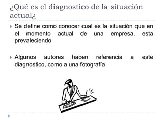 ¿Qué es el diagnostico de la situación actual¿Se define como conocer cual es la situación que en el momento actual de una empresa, esta prevaleciendoAlgunos autores hacen referencia a este diagnostico, como a una fotografía