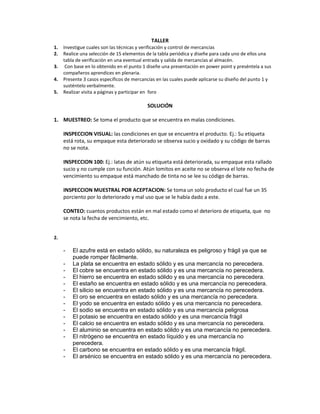 TALLER<br />Investigue cuales son las técnicas y verificación y control de mercancías<br />Realice una selección de 15 elementos de la tabla periódica y diseñe para cada uno de ellos una tabla de verificación en una eventual entrada y salida de mercancías al almacén.<br /> Con base en lo obtenido en el punto 1 diseñe una presentación en power point y preséntela a sus compañeros aprendices en plenaria.<br />Presente 3 casos específicos de mercancías en las cuales puede aplicarse su diseño del punto 1 y susténtelo verbalmente.<br />Realizar visita a páginas y participar en  foro<br />SOLUCIÓN<br />MUESTREO: Se toma el producto que se encuentra en malas condiciones.INSPECCION VISUAL: las condiciones en que se encuentra el producto. Ej.: Su etiqueta está rota, su empaque esta deteriorado se observa sucio y oxidado y su código de barras no se nota. INSPECCION 100: Ej.: latas de atún su etiqueta está deteriorada, su empaque esta rallado sucio y no cumple con su función. Atún lomitos en aceite no se observa el lote no fecha de vencimiento su empaque está manchado de tinta no se lee su código de barras.INSPECCION MUESTRAL POR ACEPTACION: Se toma un solo producto el cual fue un 35 porciento por lo deteriorado y mal uso que se le había dado a este.CONTEO: cuantos productos están en mal estado como el deterioro de etiqueta, que  no se nota la fecha de vencimiento, etc. <br />El azufre está en estado sólido, su naturaleza es peligroso y frágil ya que se puede romper fácilmente.<br />La plata se encuentra en estado sólido y es una mercancía no perecedera.<br />El cobre se encuentra en estado sólido y es una mercancía no perecedera.<br />El hierro se encuentra en estado sólido y es una mercancía no perecedera.<br />El estaño se encuentra en estado sólido y es una mercancía no perecedera.<br />El silicio se encuentra en estado sólido y es una mercancía no perecedera.<br />El oro se encuentra en estado sólido y es una mercancía no perecedera.<br />El yodo se encuentra en estado sólido y es una mercancía no perecedera.<br />El sodio se encuentra en estado sólido y es una mercancía peligrosa<br />El potasio se encuentra en estado sólido y es una mercancía frágil<br />El calcio se encuentra en estado sólido y es una mercancía no perecedera.<br />El aluminio se encuentra en estado sólido y es una mercancía no perecedera.<br />El nitrógeno se encuentra en estado líquido y es una mercancía no perecedera.<br />El carbono se encuentra en estado sólido y es una mercancía frágil.<br />El arsénico se encuentra en estado sólido y es una mercancía no perecedera.<br />3.<br />