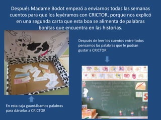 Después Madame Bodot empezó a enviarnos todas las semanas
cuentos para que los leyéramos con CRICTOR, porque nos explicó
en una segunda carta que esta boa se alimenta de palabras
bonitas que encuentra en las historias.
En esta caja guardábamos palabras
para dárselas a CRICTOR
Después de leer los cuentos entre todos
pensamos las palabras que le podían
gustar a CRICTOR
 