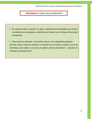 Taller ―Convivencia escolar; una alternativa para prevenir la violencia‖



                     Actividad 3.3 ¿Qué hay de diferente?




   Por equipos pasan a exponer su figura, explicando las dificultades que tuvieron
    en realizarla, las semejanzas y diferencias en relación con el trabajo de los demás
    participantes.


   Para concluir la actividad, el conductor cerrará con la siguientes preguntas:
¿De qué manera podemos generar un proyecto de convivencia, desde la suma de
voluntades, para instituir un proceso de gestión escolar participativo? ¿Qué tipo de
ciudadano se desea formar?




                                                                                                      25
 