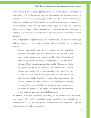 Taller ―Convivencia escolar; una alternativa para prevenir la violencia‖


poco valiosa, y tiene menos probabilidades de recibir ayuda o integrarse a
algún grupo. Es my importante que los adolescentes logren comunicarse de
manera efectiva con sus iguales, pero también con los adultos. Asimismo, los
maestros y padres de familia requieren comunicarse de manera asertiva con
los adolescentes: las investigaciones señalan que las relaciones familiares
positivas y cercanas ayudan a prevenir el consumo de drogas, a rechazar la
violencia y a evitar que los adolescentes se involucren en conductas sexuales
de riesgo.
Para comprender la importancia de la comunicación, las equivocaciones que
podemos cometer y las estrategias que podemos utilizar, lea la siguiente
historia:
      Andrea, una adolescente de trece años, es una magnífica
      estudiante del primer año de secundaria que se caracteriza por
      tener muchos amigos y ser muy agradable. Todas las tardes al
      llegar de la escuela se sienta a descansar y a ver televisión,
      mientras Alicia, su mamá, prepara la comida. Últimamente Alicia
      ha sentido que ya no se comunica con Andrea de la misma
      manera que cuando ésta era más pequeña y ha tratado de estar
      al tanto de lo que le sucede a su hija, pero las cosa han ido de
      mal en peor; cuando Alicia le pregunta sobre sus amigos y la
      escuela, Andrea se queda callada o le responde de manera
      grosera. Alicia está confundida porque siente que la situación se
      ha salido de control y ha llegado al grado de intercambiar
      gritos, situación que nunca antes había pasado.
Reflexione: ¿Con qué frecuencia considera que se presente esta situación?,
¿qué estará influyendo? Enseguida ponga atención a los “Aliados de la
comunicación” y a los principales “Errores que se comenten”, que se
relacionan en los cuadros siguientes:

                                                                                               67
 