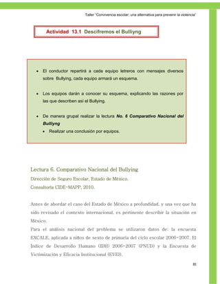 Taller ―Convivencia escolar; una alternativa para prevenir la violencia‖



          Actividad 13.1 Descifremos el Bulliyng




     El conductor repartirá a cada equipo letreros con mensajes diversos
      sobre Bullying, cada equipo armará un esquema.


     Los equipos darán a conocer su esquema, explicando las razones por
      las que describen así el Bullying.


     De manera grupal realizar la lectura No. 6 Comparativo Nacional del
      Bulliyng
          Realizar una conclusión por equipos.




Lectura 6. Comparativo Nacional del Bullying
Dirección de Seguro Escolar, Estado de México.
Consultoría CIDE-MAPP, 2010.


Antes de abordar el caso del Estado de México a profundidad, y una vez que ha
sido revisado el contexto internacional, es pertinente describir la situación en
México.
Para el análisis nacional del problema se utilizaron datos de: la encuesta
EXCALE, aplicada a niños de sexto de primaria del ciclo escolar 2006-2007. El
Índice de Desarrollo Humano (IDH) 2006-2007 (PNUD) y la Encuesta de
Victimización y Eficacia Institucional (EVEI).

                                                                                                  85
 