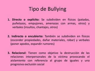 Tipo de Bullying
1. Directo o explícito: Se subdividen en físicos (patadas,
   puñetazos, empujones, amenazas con armas, otros) y
   verbales (insultos, chantajes, otros)

2. Indirecto o encubierto: También se subdividen en físicos
  (esconder propiedades, dañar materiales, robar) y verbales
  (poner apodos, expandir rumores)

3. Relacional: Tienen como objetivo la destrucción de las
  relaciones interpersonales de la víctima provocando el
  aislamiento con referencia al grupo de iguales y una
  progresiva exclusión social
 