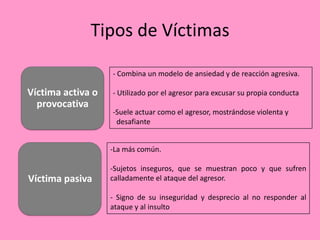 Tipos de Víctimas

                   - Combina un modelo de ansiedad y de reacción agresiva.

Víctima activa o   - Utilizado por el agresor para excusar su propia conducta
  provocativa
                   -Suele actuar como el agresor, mostrándose violenta y
                    desafiante


                   -La más común.

                   -Sujetos inseguros, que se muestran poco y que sufren
Víctima pasiva     calladamente el ataque del agresor.

                   - Signo de su inseguridad y desprecio al no responder al
                   ataque y al insulto
 