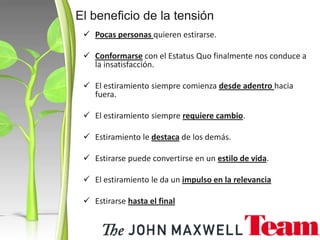  Pocas personas quieren estirarse.
 Conformarse con el Estatus Quo finalmente nos conduce a
la insatisfacción.
 El estiramiento siempre comienza desde adentro hacia
fuera.
 El estiramiento siempre requiere cambio.
 Estiramiento le destaca de los demás.
 Estirarse puede convertirse en un estilo de vida.
 El estiramiento le da un impulso en la relevancia
 Estirarse hasta el final
El beneficio de la tensión
 