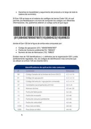 •   Garantiza la trazabilidad y seguimiento del producto a lo largo de toda la
       cadena de suministro.

El Ean-128 se basa en el sistema de codifigos de barras Code-128, el cual
permite una flexibilizacion a la hora de componer los codigos con diferentes
informaciones. Asi, podremos obtener un codigo como el que sigue:




donde el Ean-128 de la figura de arriba esta compuesta por:

   •   Codigo de agrupacion (01): “08456789567807”
   •   Fecha de Condumo preferente(15): “080423”
   •   Numero de lote de fabricacion (10): “89B23”

Existen mas de 100 identificativos (---) definidos por la organización GS1 y esta
perfectamente regulados. Asi, los codigos de identificacion mas comunes que
se utilizan en el Ean-128 son (fuente GS1):




          7.
 