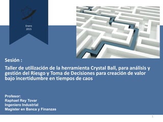 1
Sesión :
Taller de utilización de la herramienta Crystal Ball, para análisis y
gestión del Riesgo y Toma de Decisiones para creación de valor
bajo incertidumbre en tiempos de caos
Enero
2015
Profesor:
Raphael Rey Tovar
Ingeniero Industrial
Magister en Banca y Finanzas
 