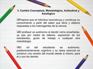 3. Cambio Conceptual, Metodológico, Actitudinal y
Axiológico
Propone que el individuo reconstruya y construya su
conocimiento a partir del saber que tiene y elabore
respuestas a los interrogantes de la ciencia.
El profesor es autónomo al decidir como enseñarlas,
ya sea por medio de talleres, exposición de los
estudiantes, guías de trabajo o cualquier otra
metodología.
El rol del estudiante es autónomo,
predominantemente cognitivo y su tarea esencial es
construir una versión del mundo desde si mismo, para
el y con los demás.
 