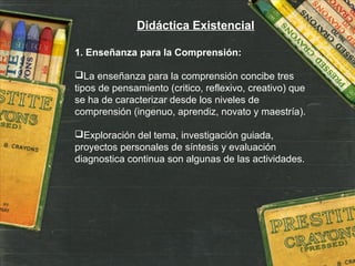 Didáctica Existencial
1. Enseñanza para la Comprensión:
La enseñanza para la comprensión concibe tres
tipos de pensamiento (critico, reflexivo, creativo) que
se ha de caracterizar desde los niveles de
comprensión (ingenuo, aprendiz, novato y maestría).
Exploración del tema, investigación guiada,
proyectos personales de síntesis y evaluación
diagnostica continua son algunas de las actividades.
 