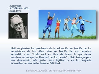 Neil no plantea los problemas de la educación en función de las
necesidades de los niños, sino en función de sus derechos
entendida como “cada cual es libre de hacer lo que desee
mientras no usurpe la libertad de los demás”. Neil trabajo para
una democracia más justa, mas legitima y en la búsqueda
incansable de una meta llamada felicidad.
ALEXANDER
SUTHERLAND NEIL
(1883-1973)
 