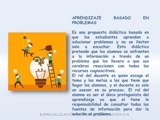 APRENDIZAJE BASADO EN
PROBLEMAS
Es una propuesta didáctica basada en
que los estudiantes aprendan a
solucionar problemas y no se limiten
solo a escuchar. Esta didáctica
pretende que los alumnos se enfrenten
a la información a través de un
problema que los llevara a que sus
cerebros reaccionen con todos los
recursos cognoscitivos.
El rol del docente es quien escoge el
tema y las metas a las que tiene que
llegar los alumnos, y el docente es solo
un asesor en su proceso. El rol del
alumno es ser el único protagonista del
aprendizaje ya que el tiene la
responsabilidad de consultar todas las
fuentes de información para dar la
solución al problema.
 