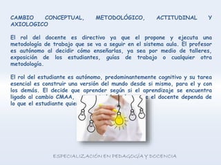 CAMBIO CONCEPTUAL, METODOLÓGICO, ACTITUDINAL Y
AXIOLOGICO
El rol del docente es directivo ya que el propone y ejecuta una
metodología de trabajo que se va a seguir en el sistema aula. El profesor
es autónomo al decidir cómo enseñarlas, ya sea por medio de talleres,
exposición de los estudiantes, guías de trabajo o cualquier otra
metodología.
El rol del estudiante es autónomo, predominantemente cognitivo y su tarea
esencial es construir una versión del mundo desde si mismo, para el y con
los demás. El decide que aprender según si el aprendizaje se encuentra
ligado al cambio CMAA, esta metodología hace que el docente dependa de
lo que el estudiante quiere aprender.
 