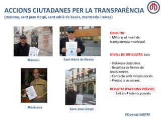 ACCIONS CIUTADANES PER LA TRANSPARÈNCIA
(masnou, sant joan despí, sant adrià de besòs, montcada i reixac)

OBJECTIU:
- Millorar el nivell de
transparència municipal.

NIVELL DE DIFICULTAT: baix
Masnou

Sant Adrià de Besòs

- Instància ciutadana.
- Recollida de firmes de
recolzament.
- Contacte amb mitjans locals.
- Pressió a les xarxes.
RESULTAT D’ACCIONS PRÈVIES:
Éxit als 4 intents provats

Montcada

Sant Joan Despí

#OperacióAPM

 