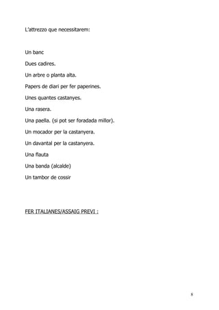 L’attrezzo que necessitarem:



Un banc

Dues cadires.

Un arbre o planta alta.

Papers de diari per fer paperines.

Unes quantes castanyes.

Una rasera.

Una paella. (si pot ser foradada millor).

Un mocador per la castanyera.

Un davantal per la castanyera.

Una flauta

Una banda (alcalde)

Un tambor de cossir




FER ITALIANES/ASSAIG PREVI :




                                            8
 