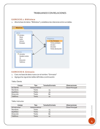 TRABAJANDO CON RELACIONES
EJERCICIO 7: Biblioteca
1. Abra la base de datos: “Biblioteca” y establezca las relaciones entre sus tablas.

EJERCICIO 8: Gimnasio
1. Cree una base de datos nueva con el nombre: “Gimnasio”
2. Agregue las siguientes tablas definidas a continuación:
Tabla: Cliente
Campo

Id Cliente
Nombres
Apellidos
Dirección
Teléfono

Tipo

Tamaño/Formato

Autonumérico
Texto
Texto
Texto
Texto

25
25
80
10

Tipo

Tamaño/Formato

Observaciones

Clave Principal

Campo

Id Instructor
Nombres
Apellidos
Dirección
Teléfono

Autonumérico
Texto
Texto
Texto
Texto

Observaciones

Clave Principal
25
25
80
10

ACCESS | ESAE

Tabla: Instructor

4

 