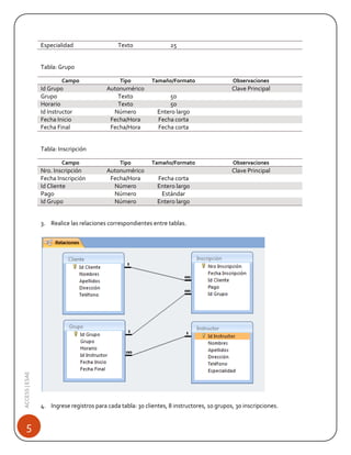 Especialidad

Texto

25

Tipo

Tamaño/Formato

Autonumérico
Texto
Texto
Número
Fecha/Hora
Fecha/Hora

50
50
Entero largo
Fecha corta
Fecha corta

Tipo

Tamaño/Formato

Autonumérico
Fecha/Hora
Número
Número
Número

Fecha corta
Entero largo
Estándar
Entero largo

Tabla: Grupo
Campo

Id Grupo
Grupo
Horario
Id Instructor
Fecha Inicio
Fecha Final

Observaciones

Clave Principal

Tabla: Inscripción
Campo

Nro. Inscripción
Fecha Inscripción
Id Cliente
Pago
Id Grupo

Observaciones

Clave Principal

ACCESS | ESAE

3. Realice las relaciones correspondientes entre tablas.

5

4. Ingrese registros para cada tabla: 30 clientes, 8 instructores, 10 grupos, 30 inscripciones.

 