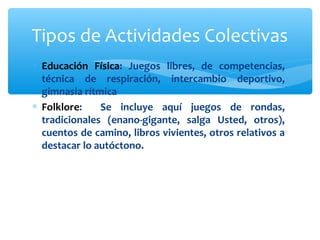 Tipos de Actividades Colectivas 
* Educación Física: Juegos libres, de competencias, 
técnica de respiración, intercambio deportivo, 
gimnasia rítmica 
* Folklore: Se incluye aquí juegos de rondas, 
tradicionales (enano-gigante, salga Usted, otros), 
cuentos de camino, libros vivientes, otros relativos a 
destacar lo autóctono. 
 