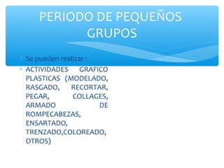 PERIODO DE PEQUEÑOS 
GRUPOS 
* Se pueden realizar : 
* ACTIVIDADES GRAFICO 
PLASTICAS (MODELADO, 
RASGADO, RECORTAR, 
PEGAR, COLLAGES, 
ARMADO DE 
ROMPECABEZAS, 
ENSARTADO, 
TRENZADO,COLOREADO, 
OTROS) 
 
