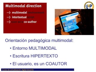 Orientación pedagógica multimodal: Entorno MULTIMODAL Escritura HIPERTEXTO El usuario, es un COAUTOR 