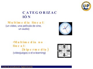 Multimedia lineal:   (un video, una película de cine,  un audio) CATEGORIZACIÓN Multimedia no lineal:  (hipermedia) (videojuegos o el e-learning)   