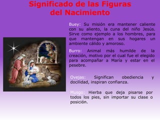 Significado de las Figuras
     del Nacimiento
          Buey: Su misión era mantener caliente
          con su aliento, la cuna del niño Jesús.
          Sirve como ejemplo a los hombres, para
          que mantengan en sus hogares un
          ambiente cálido y amoroso.
          Burro: Animal más humilde de la
          creación, motivo por el cual fue el elegido
          para acompañar a María y estar en el
          pesebre.


          Ovejas:      Significan    obediencia    y
          docilidad, inspiran confianza.

          Musgo: Hierba que deja pisarse por
          todos los pies, sin importar su clase o
          posición.
 