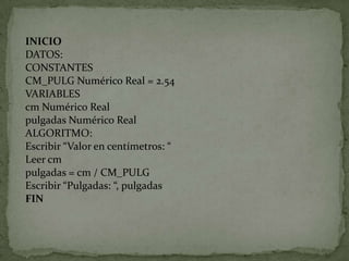 INICIODATOS:CONSTANTESCM_PULG Numérico Real = 2.54VARIABLEScm Numérico Realpulgadas Numérico RealALGORITMO:Escribir “Valor en centímetros: “Leer cmpulgadas = cm / CM_PULGEscribir “Pulgadas: “, pulgadasFIN