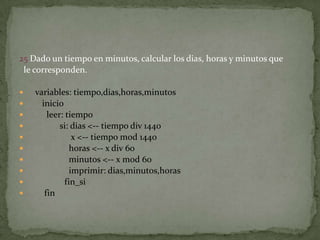 25 Dado un tiempo en minutos, calcular los dias, horas y minutos quele corresponden.   variables: tiempo,dias,horas,minutos      inicio        leer: tiempo              si: dias <-- tiempo div 1440                   x <-- tiempo mod 1440                  horas <-- x div 60                  minutos <-- x mod 60                  imprimir: dias,minutos,horasfin_si       fin 