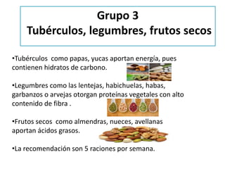•Tubérculos como papas, yucas aportan energía, pues
contienen hidratos de carbono.
•Legumbres como las lentejas, habichuelas, habas,
garbanzos o arvejas otorgan proteínas vegetales con alto
contenido de fibra .
•Frutos secos como almendras, nueces, avellanas
aportan ácidos grasos.
•La recomendación son 5 raciones por semana.
Grupo 3
Tubérculos, legumbres, frutos secos
 