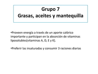 •Proveen energía a través de un aporte calórico
importante y participan en la absorción de vitaminas
liposolubles(vitaminas A, D, E y K).
•Preferir las insaturadas y consumir 3 raciones diarias
Grupo 7
Grasas, aceites y mantequilla
 