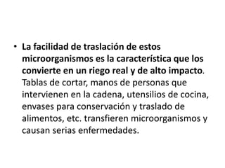 • La facilidad de traslación de estos
microorganismos es la característica que los
convierte en un riego real y de alto impacto.
Tablas de cortar, manos de personas que
intervienen en la cadena, utensilios de cocina,
envases para conservación y traslado de
alimentos, etc. transfieren microorganismos y
causan serias enfermedades.
 