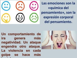 Las emociones son la
«química del
pensamiento», son la
expresión corporal
del pensamiento.
Un comportamiento de
ira genera más
negatividad. Un ataque
engendra otro ataque.
La violencia en cada
golpe se hace más
 