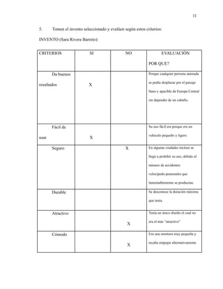 11
5. Tomen el invento seleccionado y evalúen según estos criterios:
INVENTO (Sara Rivera Barreto):
CRITERIOS SI NO EVALUACIÓN
POR QUE?
Da buenos
resultados X
Porque cualquier persona atareada
se podía desplazar por el paisaje
llano y apacible de Europa Central
sin depender de un caballo.
Fácil de
usar X
Su uso fácil era porque era un
vehículo pequeño y ligero.
Seguro X En algunas ciudades incluso se
llegó a prohibir su uso, debido al
número de accidentes
velocípedo-peatonales que
lamentablemente se producían.
Durable Se desconoce la duración máxima
que tenía.
Atractivo
X
Tenía un único diseño el cual no
era el más “atractivo”
Cómodo
X
Era una montura muy pequeña y
tocaba empujar alternativamente
 