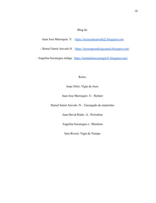 18
Blog de:
-Juan Jose Marroquin .V. : https://tecnoydesarrolloj2.blogspot.com
- Jhetsel Samir Arevalo N. :https://tecnoaprendizajesamir.blogspot.com/
-Angeline bocanegra zuñiga: https://laoladelatecnologia31.blogspot.com/
Roles:
Isaac Ortiz: Vigía de Aseo
Juan Jose Marroquin .V. : Relator
Jhetsel Samir Arevalo .N. : Encargado de materiales
Juan David Riaño .A.: Periodista
Angeline bocanegra z.: Monitora
Sara Rivera: Vigía de Tiempo
 