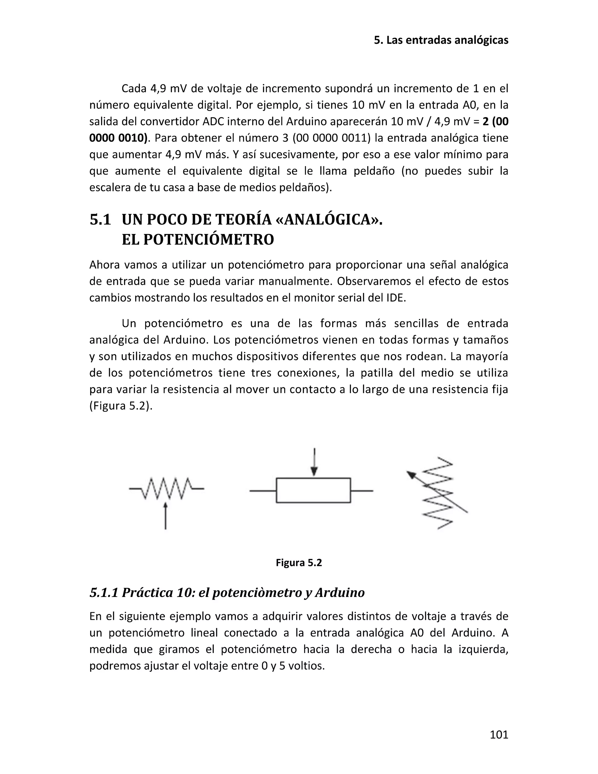 5.1 UN POCO DE TEORÍA «ANALÓGICA».
EL POTENCIÓMETRO
5.1.1 Práctica 10: el potenciòmetro y Arduino
 