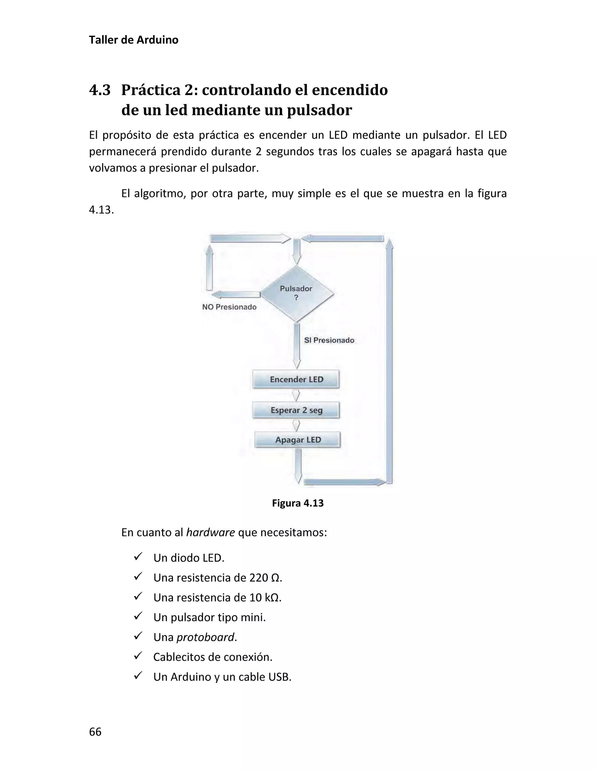 4.3 Práctica 2: controlando el encendido
de un led mediante un pulsador
 