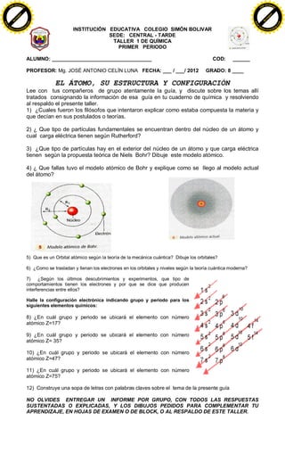 INSTITUCIÓN EDUCATIVA COLEGIO SIMÓN BOLIVAR
SEDE: CENTRAL - TARDE
TALLER 1 DE QUÍMICA
PRIMER PERIODO
ALUMNO: ___________________________________ COD: ______
PROFESOR: Mg. JOSÉ ANTONIO CELÍN LUNA FECHA: ___ / ___/ 2012 GRADO: 8 ____
EL ÁTOMO, SU ESTRUCTURA Y CONFIGURACIÓN
Lee con tus compañeros de grupo atentamente la guía, y discute sobre los temas allí
tratados consignando la información de esa guía en tu cuaderno de química y resolviendo
al respaldo el presente taller.
1) ¿Cuales fueron los filósofos que intentaron explicar como estaba compuesta la materia y
que decían en sus postulados o teorías.
2) ¿ Que tipo de partículas fundamentales se encuentran dentro del núcleo de un átomo y
cual carga eléctrica tienen según Rutherford?
3) ¿Que tipo de partículas hay en el exterior del núcleo de un átomo y que carga eléctrica
tienen según la propuesta teórica de Niels Bohr? Dibuje este modelo atómico.
4) ¿ Que fallas tuvo el modelo atómico de Bohr y explique como se llego al modelo actual
del átomo?
5) Que es un Orbital atómico según la teoría de la mecánica cuántica? Dibuje los orbitales?
6) ¿Como se trasladan y llenan los electrones en los orbitales y niveles según la teoría cuántica moderna?
7) ¿Según los últimos descubrimientos y experimentos, que tipo de
comportamientos tienen los electrones y por que se dice que producen
interferencias entre ellos?
Halle la configuración electrónica indicando grupo y periodo para los
siguientes elementos químicos:
8) ¿En cuál grupo y periodo se ubicará el elemento con número
atómico Z=17?
9) ¿En cuál grupo y periodo se ubicará el elemento con número
atómico Z= 35?
10) ¿En cuál grupo y periodo se ubicará el elemento con número
atómico Z=47?
11) ¿En cuál grupo y periodo se ubicará el elemento con número
atómico Z=75?
12) Construye una sopa de letras con palabras claves sobre el tema de la presente guía
NO OLVIDES ENTREGAR UN INFORME POR GRUPO, CON TODOS LAS RESPUESTAS
SUSTENTADAS O EXPLICADAS, Y LOS DIBUJOS PEDIDOS PARA COMPLEMENTAR TU
APRENDIZAJE, EN HOJAS DE EXAMEN O DE BLOCK, O AL RESPALDO DE ESTE TALLER.
N
u
kopen!
PDF-XChange
www
.easycomputing.com
N
u
kopen!
PDF-XChange
www
.easycomputing
.com
 