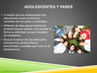 ADOLESCENTES Y PARES
 A medida que los adolescentes van
adquiriendo mayor autonomía,
necesitan de sus pares o amistades.
 Obtienen de ellos apoyo emocional,
prueban nuevos valores, y les ayudan a
forma su identidad, ya que necesitan
ser aceptados.
 Buscan el apoyo de sus pares para
enfrentar los cambios físicos,
emocionales y sociales que viven en la
adolescencia.
ELABORADO POR MAZAI ALVARADO M.
 