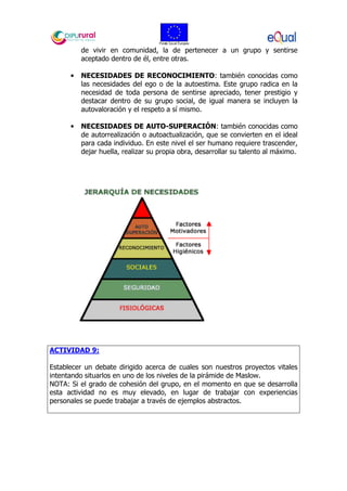 de vivir en comunidad, la de pertenecer a un grupo y sentirse
aceptado dentro de él, entre otras.
• NECESIDADES DE RECONOCIMIENTO: también conocidas como
las necesidades del ego o de la autoestima. Este grupo radica en la
necesidad de toda persona de sentirse apreciado, tener prestigio y
destacar dentro de su grupo social, de igual manera se incluyen la
autovaloración y el respeto a sí mismo.
• NECESIDADES DE AUTO-SUPERACIÓN: también conocidas como
de autorrealización o autoactualización, que se convierten en el ideal
para cada individuo. En este nivel el ser humano requiere trascender,
dejar huella, realizar su propia obra, desarrollar su talento al máximo.
ACTIVIDAD 9:
Establecer un debate dirigido acerca de cuales son nuestros proyectos vitales
intentando situarlos en uno de los niveles de la pirámide de Maslow.
NOTA: Si el grado de cohesión del grupo, en el momento en que se desarrolla
esta actividad no es muy elevado, en lugar de trabajar con experiencias
personales se puede trabajar a través de ejemplos abstractos.
 