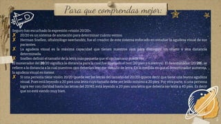 Para que comprendas mejor:
Seguro has escuchado la expresión «visión 20/20».
✘ 20/20 es un sistema de anotación para determinar cuánto vemos.
✘ Herman Snellen, oftalmólogo neerlandéz, fue el creador de este sistema enfocado en estudiar la agudeza visual de sus
pacientes.
✘ La agudeza visual es la máxima capacidad que tienen nuestros ojos para distinguir un objeto a una distancia
determinada.
✘ Snellen definió el tamaño de la letra más pequeña que el ojo humano puede ver.
El numerador del 20/20 significa la distancia para la cual fue diseñado el test (20 pies o 6 metros). El denominador (20/20), se
refiere a la distancia a la cual nuestros ojos deberían leer ese tamaño de letra. En la medida en que el denominador aumenta,
la agudeza visual es menor.
✘ Si una persona tiene visión 20/20 (puede ver las letras del tamaño del 20/20) quiere decir que tiene una buena agudeza
visual. Pues está leyendo a 20 pies una letra cuyo tamaño debe ser leído mínimo a 20 pies. Por otra parte, si una persona
logra ver con claridad hasta las letras del 20/40, está leyendo a 20 pies una letra que debería ser leída a 40 pies. Es decir
que no está viendo muy bien.
5
 