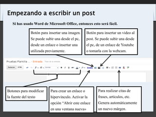 Si has usado Word de Microsoft Office, entonces esto será fácil.
Empezando a escribir un post
Botones para modificar
la fu...