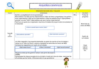 PRESENTACION DEL TALLER
TALLER ESTRATEGIAS T RECURSOS
TALLER
DE
CIENCIA
Gestión y acompañamiento de los aprendizajes:
Mencionamos a los niños que hoy empezaremos el Taller de Ciencia, preguntamos ¿ les gustaria
hacer experimentos? ¿Qué son los experimentos? ¿Cómo los podemos hacer? ¿Qué podemos
aprender con este Taller? ¿Qué podemos usar para realizar experimentos?
Planifican con ayuda de un organizador visual las actividades del proyecto sobre los animales de
la Comunidad
¿Cómo se puede llamar nuestro Taller?
¿Qué podemos aprender? ¿Qué materiales usaremos?
Los niños responden a las preguntas planteadas, se ponen de acuerdo en las actividades a
realizar en el Taller de Ciencia, conocen y manipulan los materiales de Ciencia del MED
Anotamos las respuestas en el cuadro de actividades
Dibujan acciones que les gustaría realizar como parte del proyecto.
CIERRE:
Puntualizamos las ideas principales de la actividad a través de la lluvia de ideas , mencionan las
dificultades que han tenido, reflexionan sobre lo que aprendieron
45 m. Fichas de
preguntas
Materiales de
ciencia del MED
Cuadro de
actividades
Hojas
Lápices
Colores
Etc.
PEQUEÑOS CIENTIFICOS
¿Qué vamos hacer? ¿Cómo lo haremos? ¿Qué necesitaremos?
 