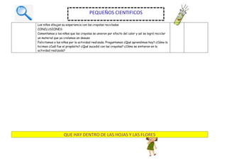 QUE HAY DENTRO DE LAS HOJAS Y LAS FLORES
Los niños dibujan su experiencia con las crayolas recicladas
CONCLUSIONES:
Comentamos a los niños que las crayolas se unieron por efecto del calor y así se logró reciclar
un material que ya creíamos en desuso
Felicitamos a los niños por la actividad realizada. Preguntamos ¿Qué aprendimos hoy? ¿Cómo lo
hicimos ¿Cuál fue el propósito? ¿Qué sucedió con las crayolas? ¿Cómo se sintieron en la
actividad realizada?
PEQUEÑOS CIENTIFICOS
 