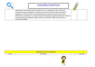 Comentamos a los niños que las flores deben su color a pigmentos es decir sustancias
naturales coloridas, el pigmento de las hojas es clorofila y las flores tienen dos tipos de
pigmentos los amarillos y los lilas y estos producen los diferentes colores en las flores.
Felicitamos a los niños por la actividad realizada. Preguntamos ¿Qué aprendimos hoy? ¿Cómo lo
hicimos ¿Cuál fue el propósito? ¿Qué sucedió con las crayolas? ¿Cómo se sintieron en la
actividad realizada?
BURBUJAS DE COLORES
TALLER ESTRATEGIAS T RECURSOS
PEQUEÑOS CIENTIFICOS
 