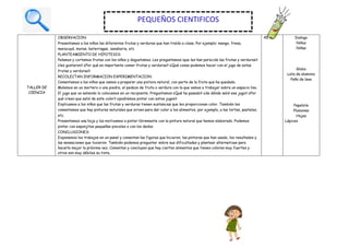 TALLER DE
CIENCIA
OBSERVACION:
Presentamos a los niños las diferentes frutas y verduras que han traído a clase. Por ejemplo: mango, fresa,
maracuyá, moras, beterragas, zanahoria, etc
PLANTEAMIENTO DE HIPOTESIS:
Pelamos y cortamos frutas con los niños y degustamos. Les preguntamos ¡que les han parecido las frutas y verduras?
¿les gustaron? ¿Por qué es importante comer frutas y verduras? ¿Qué cosas podemos hacer con el jugo de estas
frutas y verduras?
RECOLECTAN INFORMACION EXPERIMENTACION:
Comentamos a los niños que vamos a preparar una pintura natural, con parte de la fruta que ha quedado.
Molemos en un mortero o una piedra, el pedazo de fruta o verdura con la que vamos a trabajar sobre un espacio liso.
El jugo que va saliendo lo colocamos en un recipiente. Preguntamos ¿Qué ha pasado? ¿de dónde salió ese jugo? ¿Por
qué creen que salió de este color? ¿podremos pintar con estos jugos?
Explicamos a los niños que las frutas y verduras tienen sustancias que les proporcionan color. También les
comentamos que hay pinturas naturales que sirven para dar color a los alimentos, por ejemplo, a las tortas, pasteles,
etc.
Presentamos una hoja y los motivamos a pintar libremente con la pintura natural que hemos elaborado. Podemos
pintar con esponjitas pequeñas pinceles o con los dedos.
CONCLUSIONES:
Exponemos los trabajos en un panel y comentan las figuras que hicieron, las pinturas que han usado, los resultados y
las sensaciones que tuvieron. También podemos preguntar sobre sus dificultades y plantear alternativas para
hacerlo mejor la próxima vez. Comentan y concluyen que hay ciertos alimentos que tienen colores muy fuertes y
otros son muy débiles su tinte.
45 m. Dialogo
Niños
Niñas
Globo
Lata de aluminio
Paño de lana
Papelote
Plumones
Hojas
Lápices
PEQUEÑOS CIENTIFICOS
 