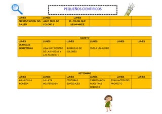 LUNES LUNES LUNES
PRESENTACION DEL
TALLER
ARCO IRIS DE
COLORE S
EL COLOR QUE
DESAPARECE
AGOSTO
LUNES LUNES LUNES LUNES LUNES LUNES
CRAYOLAS
DERRETIDAS ¿Qué HAY DENTRO
DE LAS HOJAS Y
LAS FLORES? +
BURBUJAS DE
COLORES
INFLA UN GLOBO
SETIEMBRE
LUNES LUNES LUNES LUNES LUNES LUNES
AGUA EN LA
MONEDA
LA LATA
MISTERIOSA
PINTURAS
ESPECIALES
FABRICAMOS
NUESTRAS
BEBIDAS
EVALUACION DEL
PROYECTO
PEQUEÑOS CIENTIFICOS
 