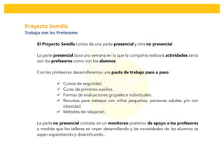  
Proyecto	
  Semilla	
  	
  
Trabajo	
  con	
  los	
  Profesores	
  
El Proyecto Semilla consta de una parte presencial y otra no presencial.
La parte presencial dura una semana en la que la compañía realizará actividades tanto
con los profesores como con los alumnos.
Con los profesores desarrollaremos una pauta de trabajo paso a paso:
! Cursos de seguridad.
! Curso de primeros auxilios.
! Formas de evaluaciones grupales e individuales.
! Recursos para trabajos con niños pequeños, personas adultas y/o con
obesidad.
! Métodos de relajación.
La parte no presencial consiste en un monitoreo posterior de apoyo a los profesores
a medida que los talleres se vayan desarrollando y las necesidades de los alumnos se
vayan expandiendo y diversificando...
 