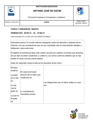 INSTITUCIÓN EDUCATIVA
ANTONIO JOSÉ DE SUCRE
“Formando Ciudadanos Competentes y Solidarios”
AGOSTO 20 DE 2014 cuarto
DIANA YANET
SALAZAR GARCIA
CIVICA Y URBANIDAD QUINTO
SEMANA DEL 20-08-13 AL 23-08-13
PARA REALIZAR EN LA CASA CON LOS PADRES DE FAMILIA:
Estimados padres: En el aula estamos trabajando sobre los derechos y deberes de los
niños/as, por eso consideramos que es muy importante que en casa también trabajen y
reflexionen sobre este tema.
El objetivo de pedirle que llene este cuadro es para que analicen en familia qué derechos
de sus hijos se están cumpliendo y cuáles no, así mismo sobre los deberes que su hijo
realiza en casa y los que podría realizar.
Antes de responder revise la lista de los derechos de los niños.
Mi hijo/a
se llama:
La edad
de mi hijo
es:
Lo que
más le
gusta es:
Lo que no
le gusta
es:
En casa el principal
derecho de mi hijo/a que
cumplimos es:
Lo consideramos
importante porque:
Las obligaciones que mi hijo/a realiza en casa
son:
 